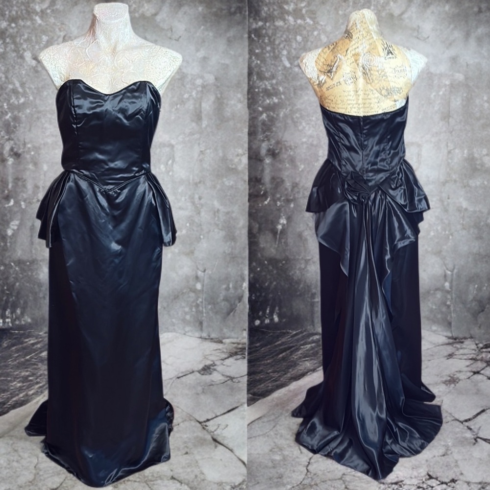 VTG Elegant satin strapless peplum trench train maxi black long Evening Gown